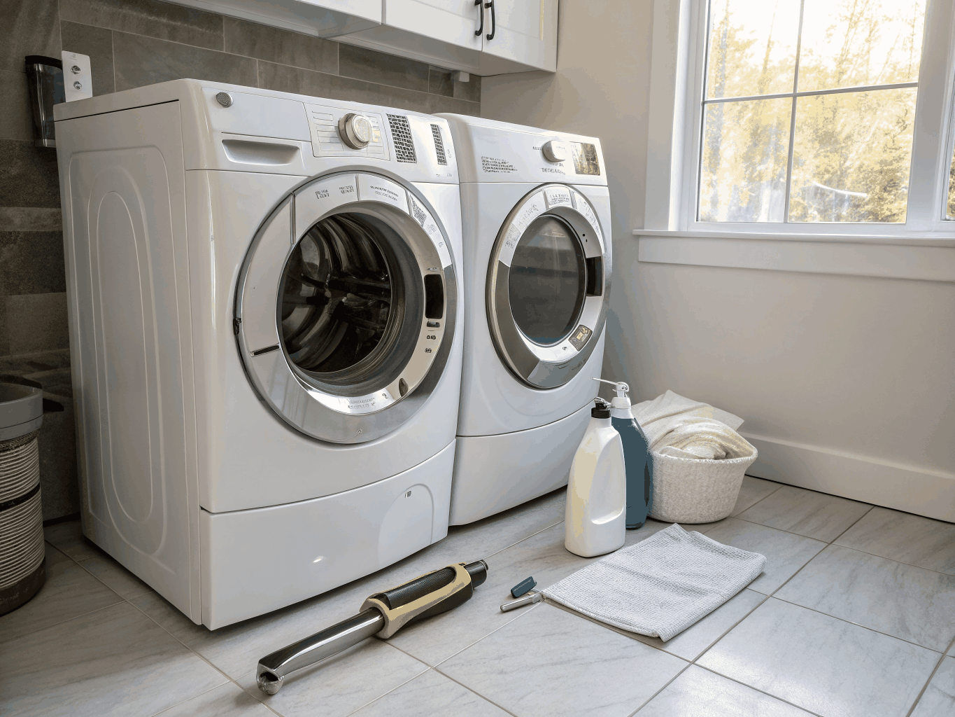 Front-load washer service and door boot gasket replacement in modern laundry room