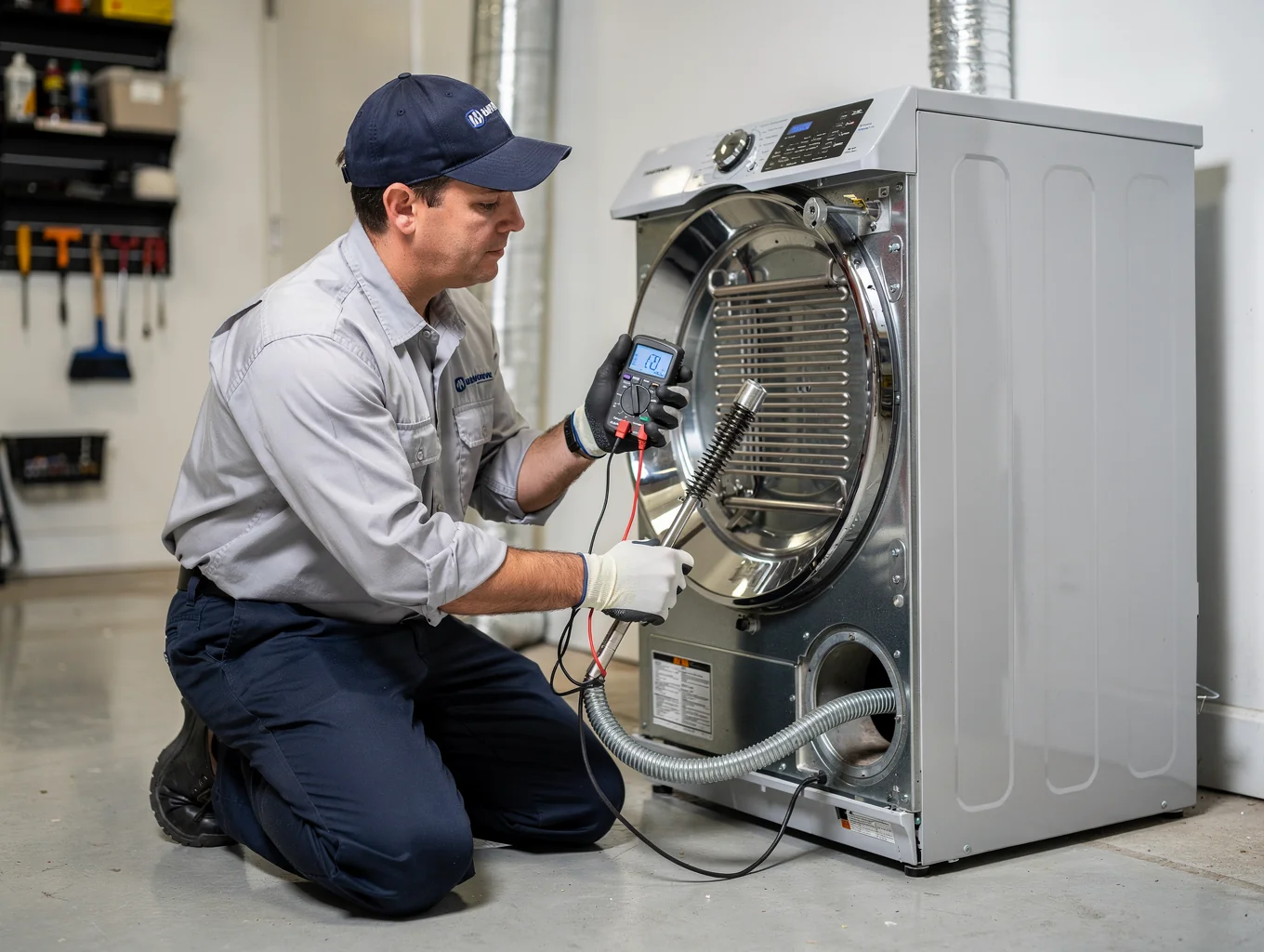 Professional technician testing dryer heating element with digital multimeter