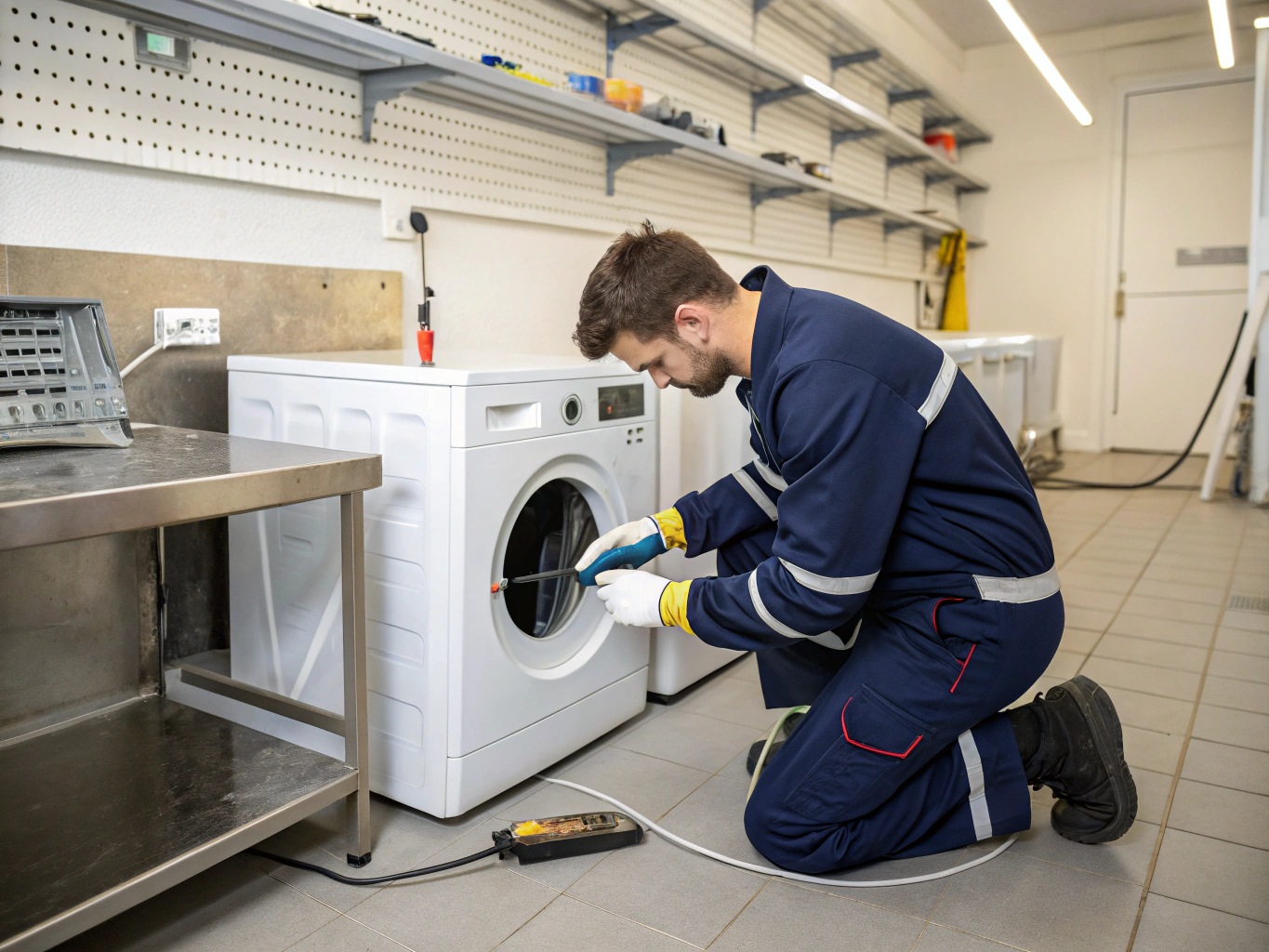 Professional technician diagnosing a front-load washing machine in Stone Mountain GA